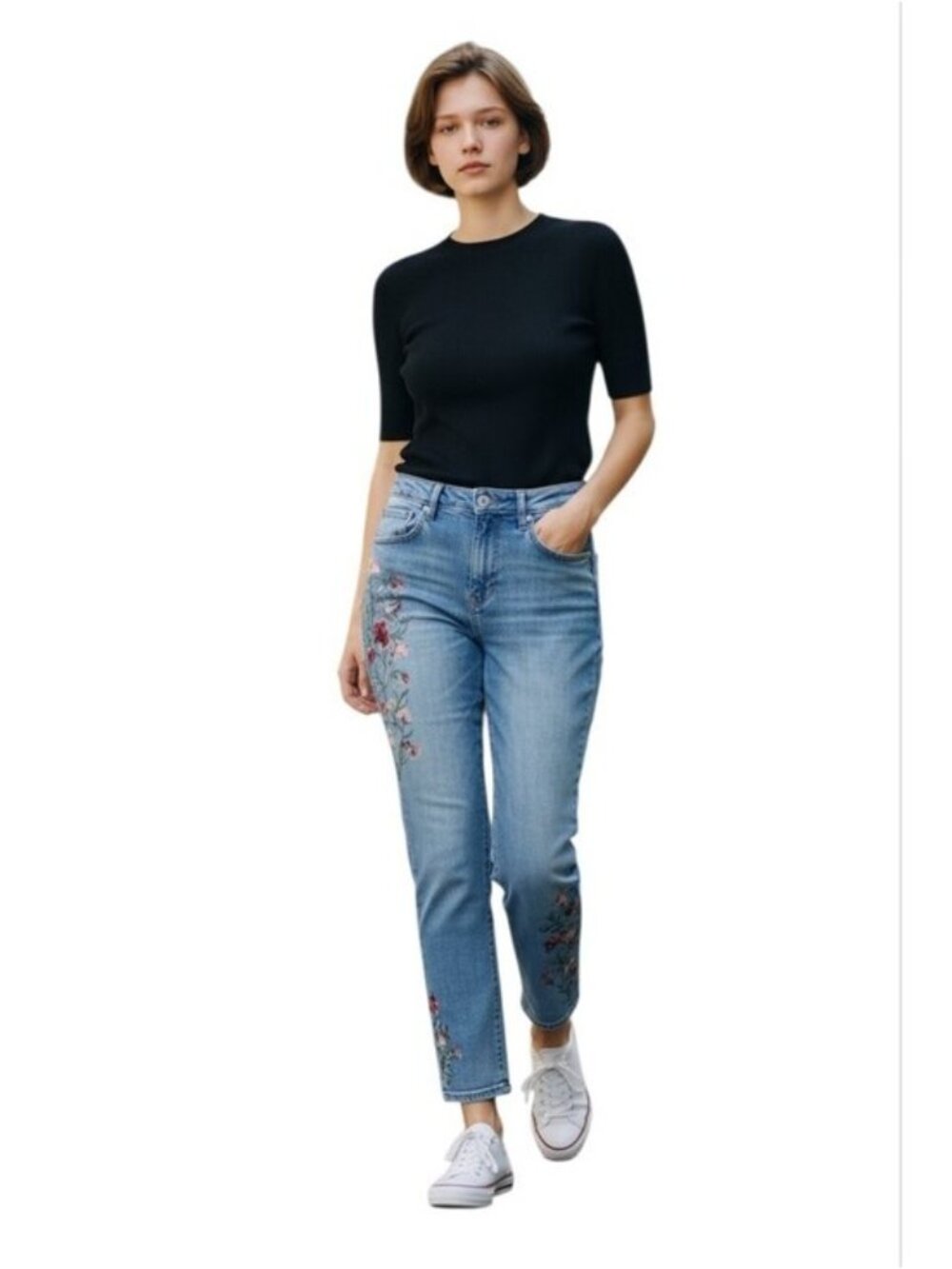 Driftwood Audrey Floral Embroidered Slim Straight Leg Jeans Blue Size 26